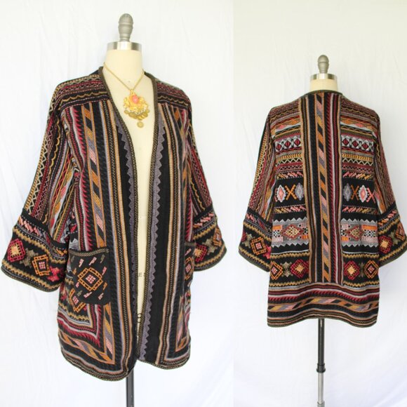 Johnny Was BIYA JWLA Cardigan wrap Jacket coat kimono Embroidered Aztec tribal L - Picture 1 of 10